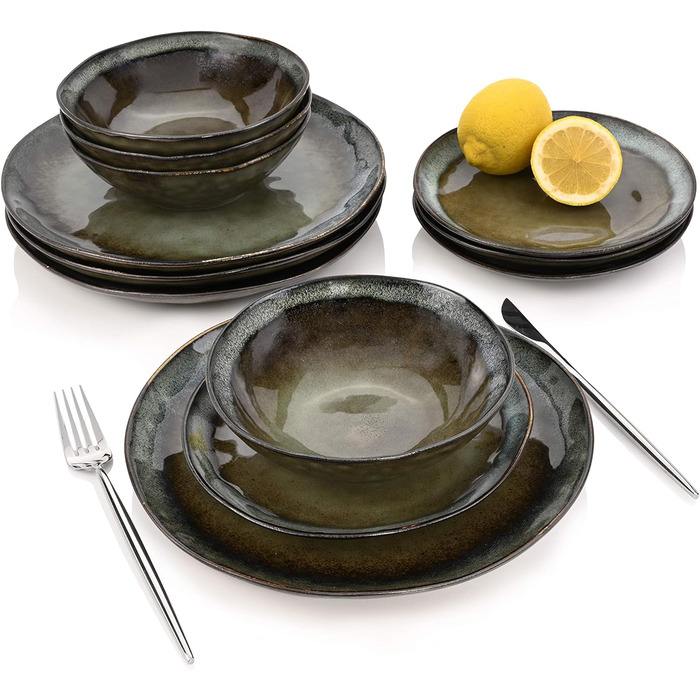 СПІВАЧКА Обідній сервіз Asti Stoneware, набір посуду з 12 предметів для 4 осіб, темний та унікальний дизайн, сучасний