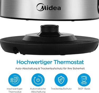 Чайник Midea из нержавеющей стали с настройкой температуры, 1,5 литра, 2200 Вт, чайник белый, чайник с индикацией температуры и функциями безопасности, без бисфенола А (без настройки температуры)