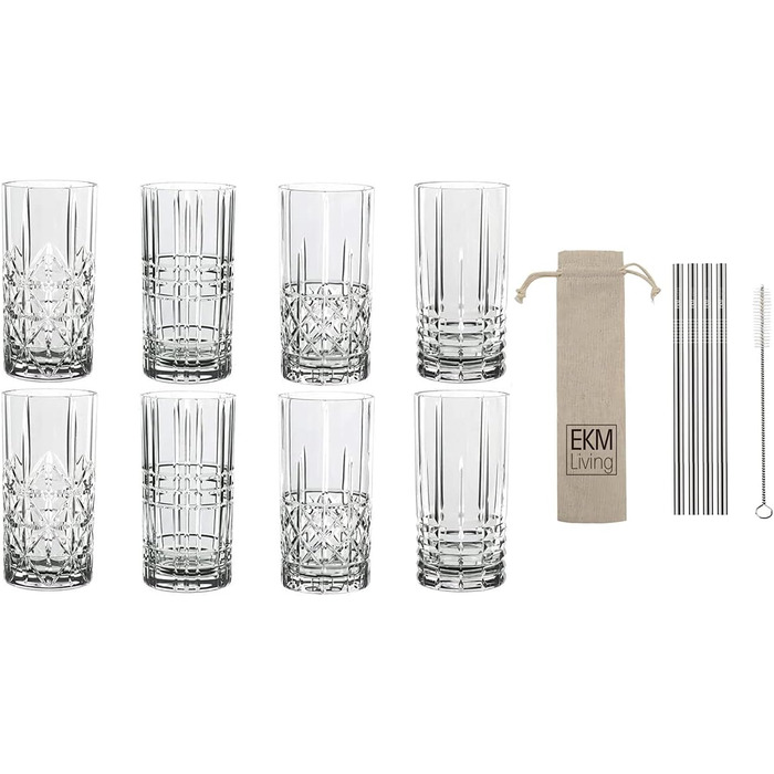 Набір склянок для лонгдринків, 8 предметів з трубочками для пиття Highland Nachtmann