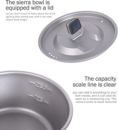 Титанова миска 520 мл Чаша Sierra Bowl Кемпінгова кружка з кришкою та ручкою для підвішування Відкритий горщик Похідна портативна чашка Посуд Легкий туристичний посуд Набір для приготування їжі Ti1098T (350 мл 520 мл Ti1099t)