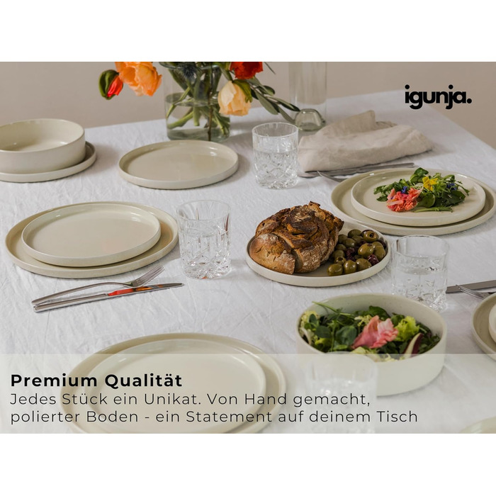 Набір керамічного посуду igunja, набір мисок та тарілок 12 предметів на 4 особи Високоякісний, 100 ручної роботи, набір посуду з реактивною глазур&39ю, матовий зовні, глянцевий всередині (бежевий, миски XL)