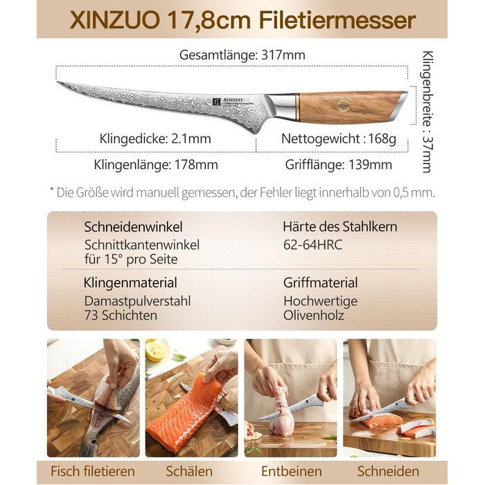 Ніж філейний 17,8 см, дамаська сталь XINZUO