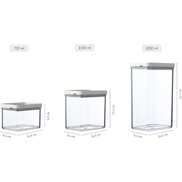 Банки для хранения Mepal с крышками - Герметичные и штабелируемые контейнеры для хранения - Хранение и организация на кухне - Можно мыть в посудомоечной машине - 700 мл, 1100 мл и 2000 мл - Черный (набор из 3 шт., Nordic White)