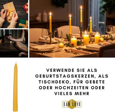 Набір з 10 конічних свічок 2 х 30 см з бджолиного воску, жовтий Danilovo