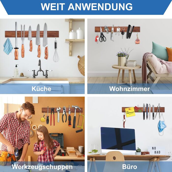 Магнітний тримач для ножів з 2 гачками, 40 см з дерева Rekehome