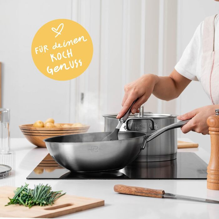 Сковорода вок індукційна 28 см - Сковорода вок з нержавіючої сталі для фритюру та смаження - Для всіх типів плит - Жароміцна до 400C (з покриттям, вок 28 см)