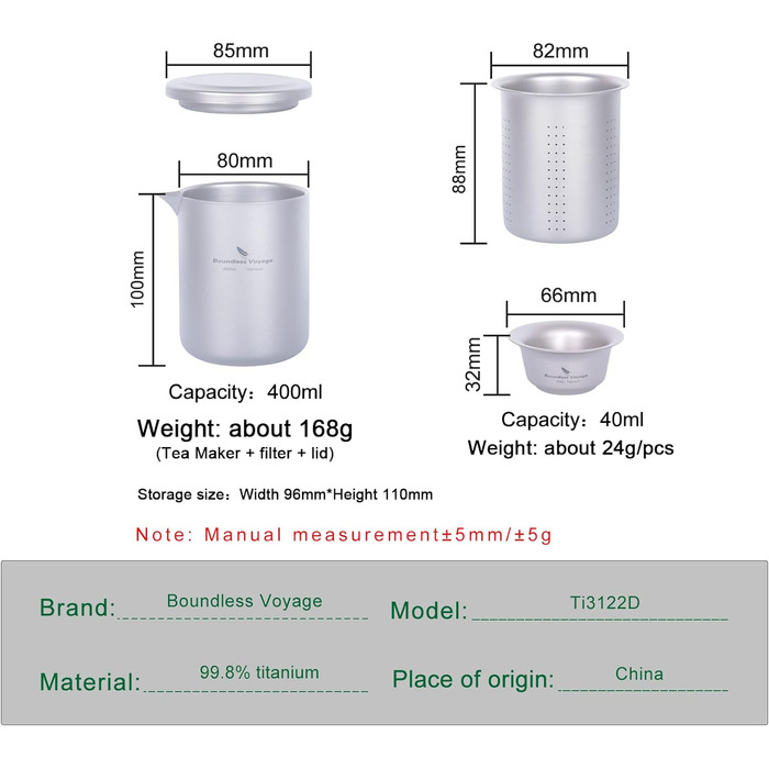 Титановая кофейная кружка с двойными стенками, легкий чайник с фильтром, посуда для кемпинга (Ti3122d-400 мл 40 мл, 4 чашки)