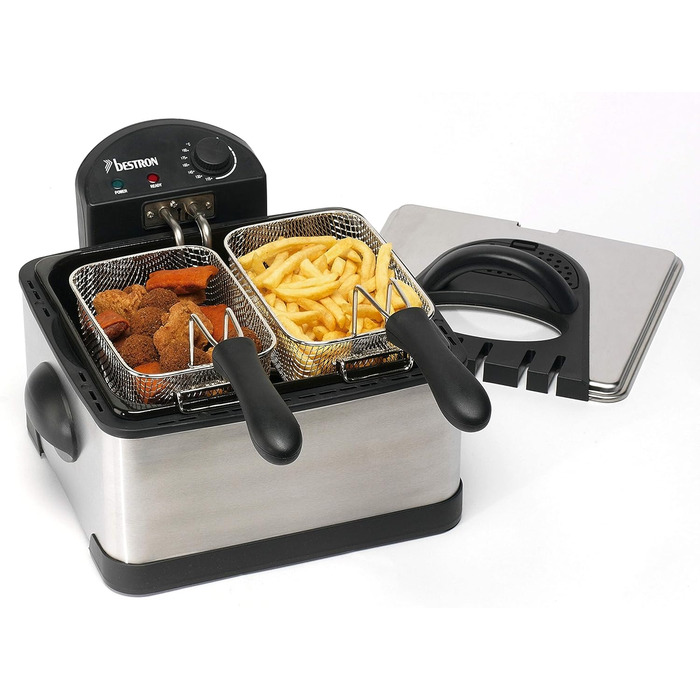 Фритюрница Bestron XL с 3 корзинами для жарки, включая технологию холодной зоны и семный контейнер для масла, 4 литра, можно мыть в посудомоечной машине, 2000 Вт, нержавеющая сталь, цвет (серебристый)