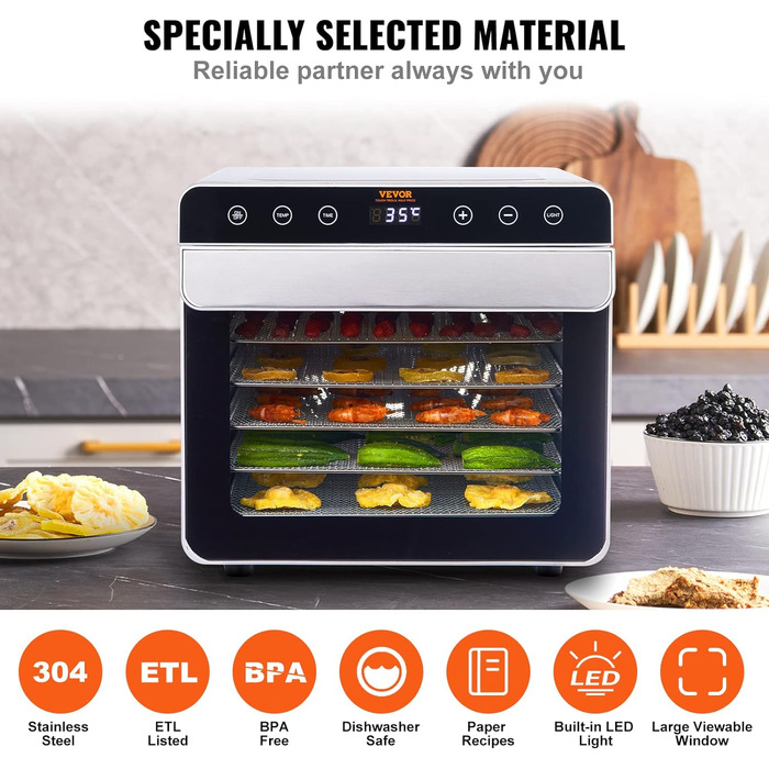 Дегідратор, контроль температури 30-90C, таймер від 0,5 до 48 годин, 700 Вт VEVOR