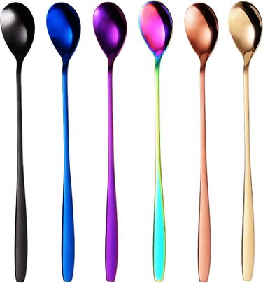 Набір ложок GRWE для лате макіато, золотистий, 6 предметів, 22 см, довгі ложки, ложки для коктейлів, десертні ложки, ложки для морозива, ложки для кави з льодом, нержавіюча сталь, можна мити в посудомийній машині (різнокольоровий)