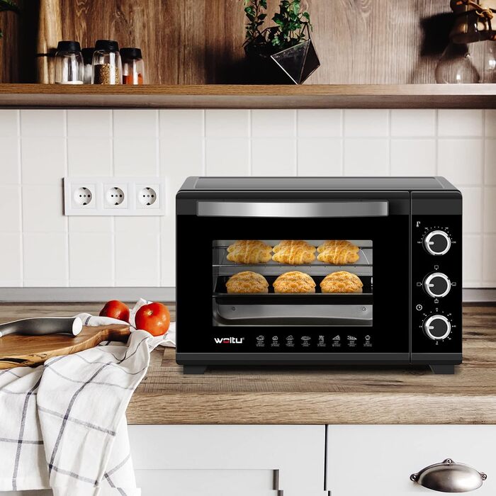 Міні-піч WOLTU 28 л, піч для піци 1600 Вт, 100-230 C, таймер 0-60 хв, 3 режими нагріву, включаючи деко, решітку для гриля, піддон для крихт, підйомник решітки, міні-піч для випікання, запікання, розморожування, нагрівання, чорний колір