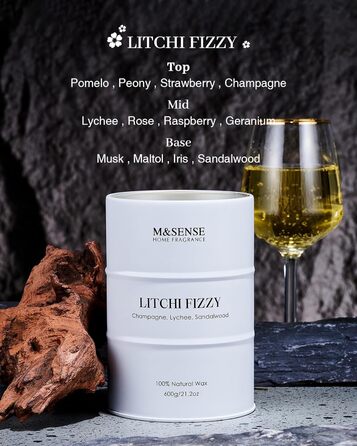 Ароматичні свічки M&SENSE з натурального соєвого воску, натуральна соєва свічка для домашнього декору, тривалий час горіння до 70 годин, класні подарунки для чоловіків та жінок (600 г, лічі, шипучі)