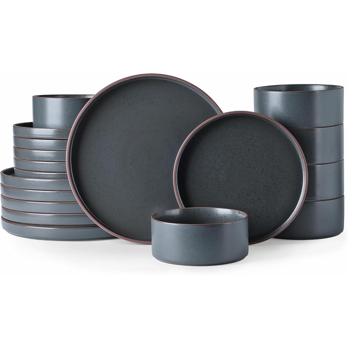 Набір посуду LeRatio для 6 осіб, 18-предметний набір керамічного посуду, керамічна миска та тарілка, стійка до подряпин (антрацитовий сіро-коричневий обідок з цятками, набір з 18 предметів) 18-предметний набір антрацитовий сіро-коричневий обідок з цятками