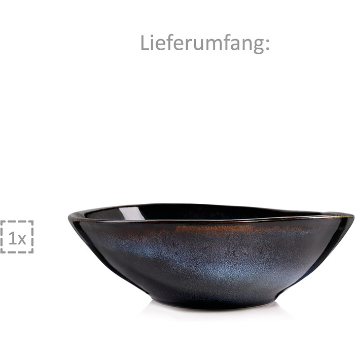 СПІВАЧКА Тарілка для пасти Токіо 4 шт., Тарілка для спагетті 4 персони, Набір посуду з кераміки Макарони, Тарілка з локшиною Можна мити в посудомийній машині, Миска для макаронів ручної роботи, Миска для макаронів синьо-чорна з коричневими вставками 1,2 л