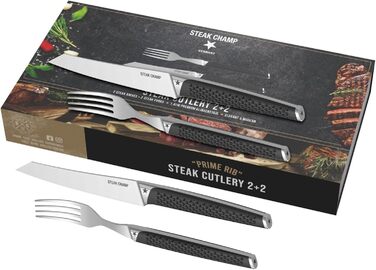 Вилка та ніж для стейка для м&39яса Steakchamp, 2 х 2 шт. виделки та ножі із сталевого леза, з мікрохвильовим помелом, набір з 4 шт., включаючи дерев&39яну коробку