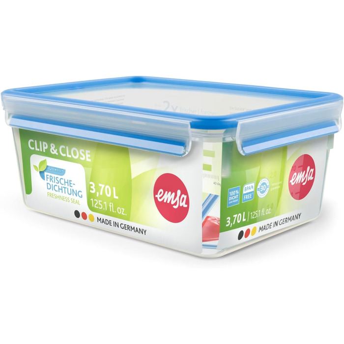 Набір контейнерів для зберігання продуктів EMSA Clip & Close, прямокутні, 5 x 0,8 л, коробки для зберігання, 100 герметичні, придатні для миття в посудомийній машині, морозильної камери та мікрохвильової печі, прозорі, сині, зроблені в Німеччині, N10307 (