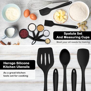 Силиконовый Набор Кухонных Гаджетов, 30 Предметов Кухонная Утварь С Держателем, Термостойкий Набор Кухонных Инструментов Для Антипригарной Посуды Сковороды, Шпатели, Щипцы 10 Крючков, Сейф Для Посудомоечной Машины - Черный