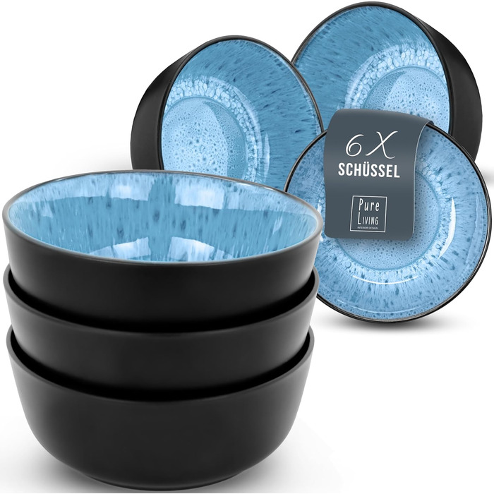 Керамогранітна глибока тарілка ТЕСТ ДУЖЕ ХОРОШИЙ Серія Ibiza Тарілки для макаронів Noble, тарілки для супу Deep стильні тарілки для пасти 6 персон - Набір посуду 6 персон, обідні тарілки, набір посуду Black with (миски (6x), глибокий синій), 6 шт.