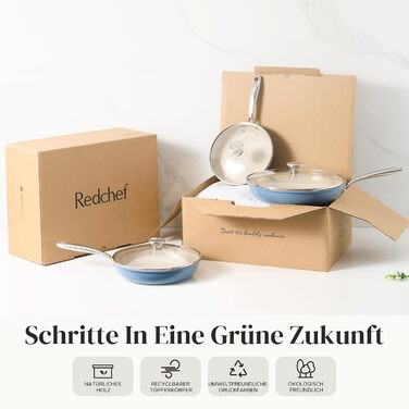 Набор индукционных сковородок со стеклянными крышками, 6 предметов 20, 24, 28 см, синий Redchef