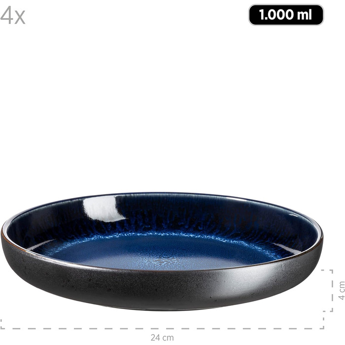 Сучасний набір для 4 осіб у захоплюючому вінтажному образі, великі плоскі обідні тарілки з кераміки, керамограніту, сірого/чорного кольору (супові тарілки, синій/чорний)