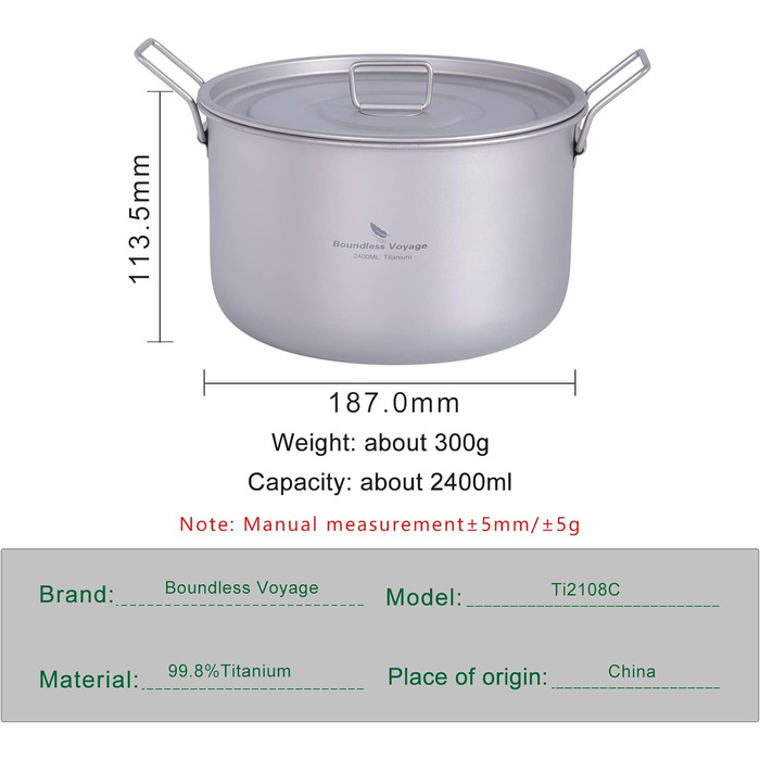 Титановая кастрюля со складной ручкой для кемпинга 2,4 л iBasingo