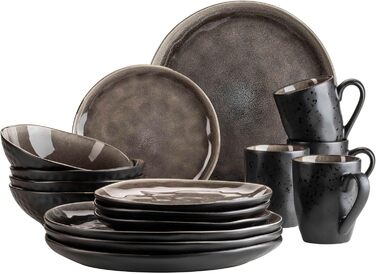Серія Niara Organic, сучасний набір посуду для 4 осіб у захоплюючому вінтажному образі, комбінований сервіз із 16 предметів зі спеціальним поєднанням глазурі чорного та коричневого кольорів, керамограніт, 934073