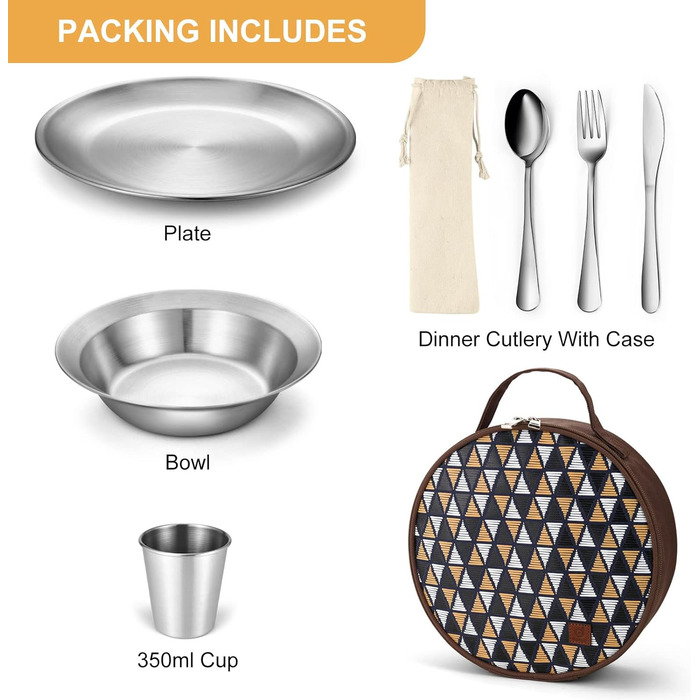 Набір столових приборів для кемпінгу Набір посуду 13 шт. Обідній сервіз з нержавіючої сталі з футляром Ніж, виделка, ложка Тарілка Кавова чашка Ідеально підходить для подорожей на свіжому повітрі Походи Кемпінг (для 1 особи)