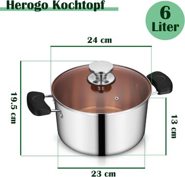 Каструля Herogo Cooking Pot, каструля з нержавіючої сталі зі скляною кришкою, 5-літрова каструля для пасти для всіх плит, міцна та здорова, можна мити в посудомийній машині (1,24 см)