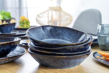 ПЕВЕЦ Тарелка для пасты Токио 4 шт., Тарелка для спагетти на 4 персоны, Набор посуды из керамогранита Макароны, Тарелка для лапши, Посудомоечная машина, Миска для пасты ручной работы, Миска для макарон сине-черная с коричневыми акцентами 1,2 л (суповая та