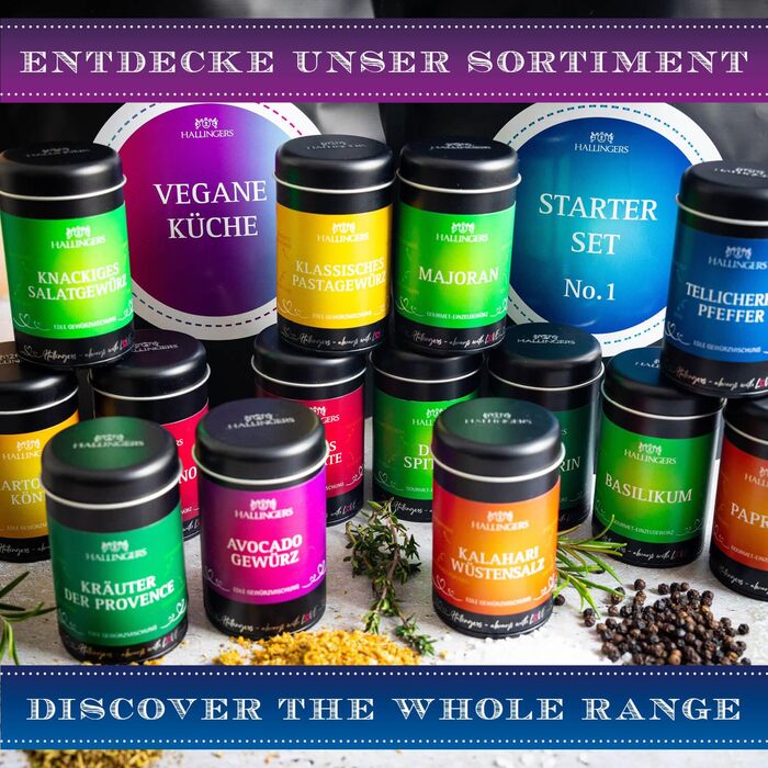 Класичний набір спецій Hallingers - 1 - Подарунковий набір спецій ручної роботи, 12 спецій з усього світу (Набір) - Літній подарунок та ідеальний подарунок для барбекю Подарунок для нової домівки, вітання та дружба. Класичні спеції., 12 спецій (73603) (Ве