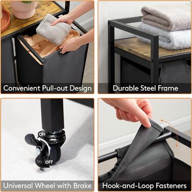 Сворачиваемая корзина для белья Lifewit, 95 л 2 выдвижные корзины для белья с верхней полкой и 2 семными сумками и ручками, сортировщик белья для прачечной, спальни, ванной комнаты и общего номера, черный 76x33,5x78 см Деревенский коричневый черный