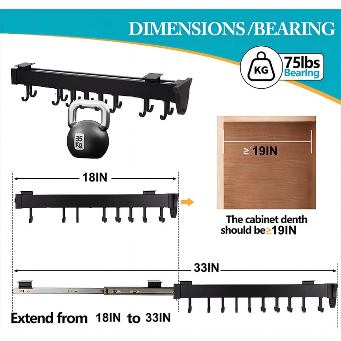 Підвісна підставка для каструль з гачками - регульований кухонний органайзер для каструль та сковорідок, розсувна рейкова полиця, вантажопідйомність 34 кг (18,1 дюйма/46 см, чорний)