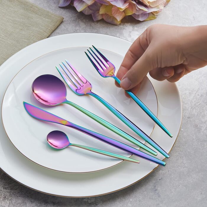 Набор столовых приборов из 30 предметов на 6 человек, сталь, обеденный нож из 6 предметов, 6 столовых ложек, 6 обеденных вилок, 6 десертных вилок, 6 чайных ложек, современный дизайн (матовая радуга)