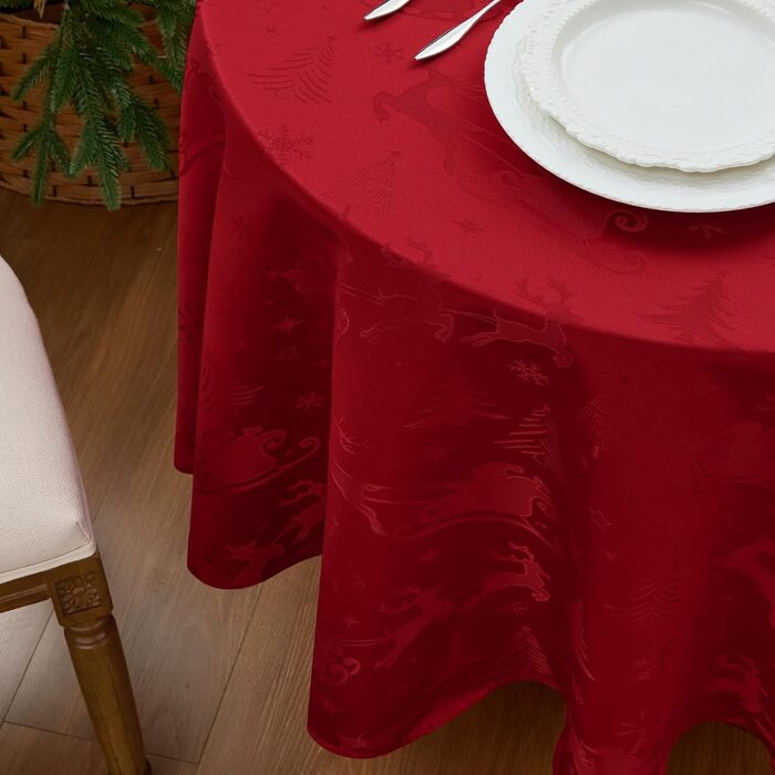 Маленька різдвяна скатертина Romanstile, яку можна прати та вона водовідштовхувальна, жакардовий олень та ялинка, квадратна скатертина для журнального столика, святкова, подарункова ( 180 см, червона)