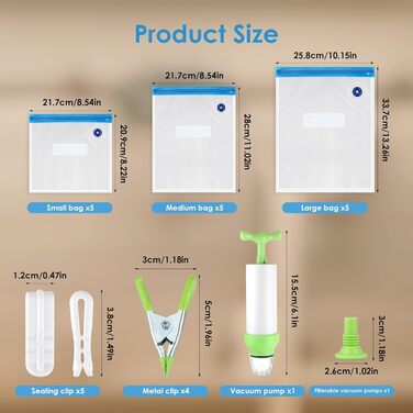 Набір з 15 вакуумних пакетів для продуктів з насосом 21,7 х 20,9/21,7 х 28/ 25,8 х 33,7 см Vachelper
