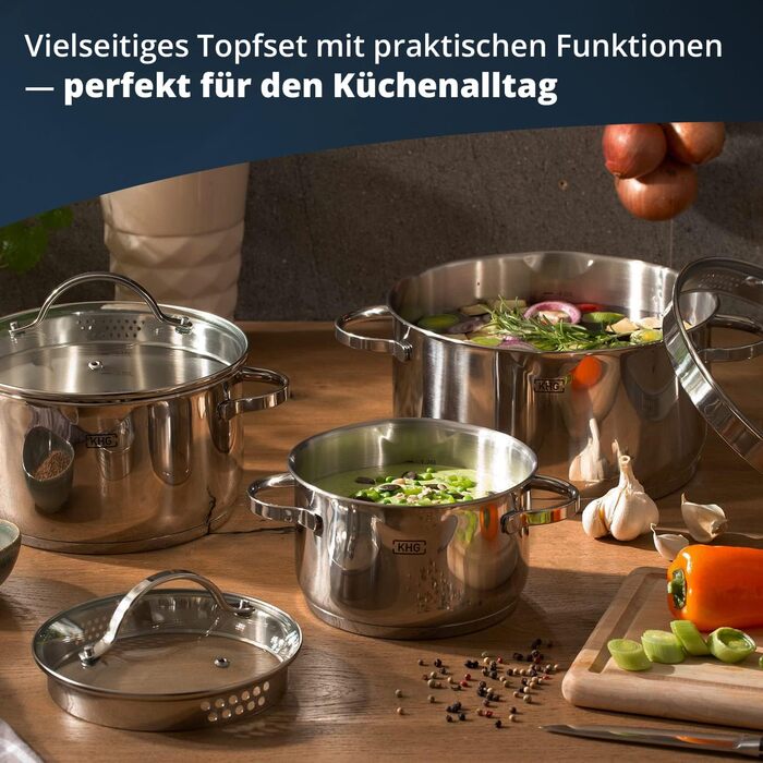 Набір з 3 каструль з нержавіючої сталі зі скляними кришками KHG