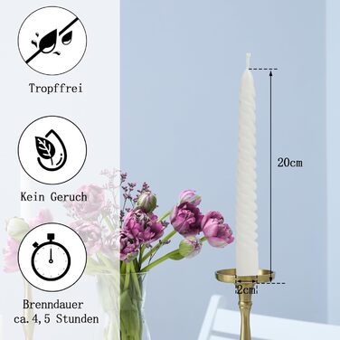 Набір з 4 конічних спіральних свічок 2 x 20 см, білий Bolosa