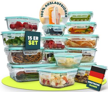 Скляні контейнери uandu з кришками, набір з 10 предметів, банки для приготування їжі, скляні контейнери для зберігання продуктів з кришками, набір скляних банок з кришками, скляні коробки для приготування їжі (зелені, набір з 15 шт. )