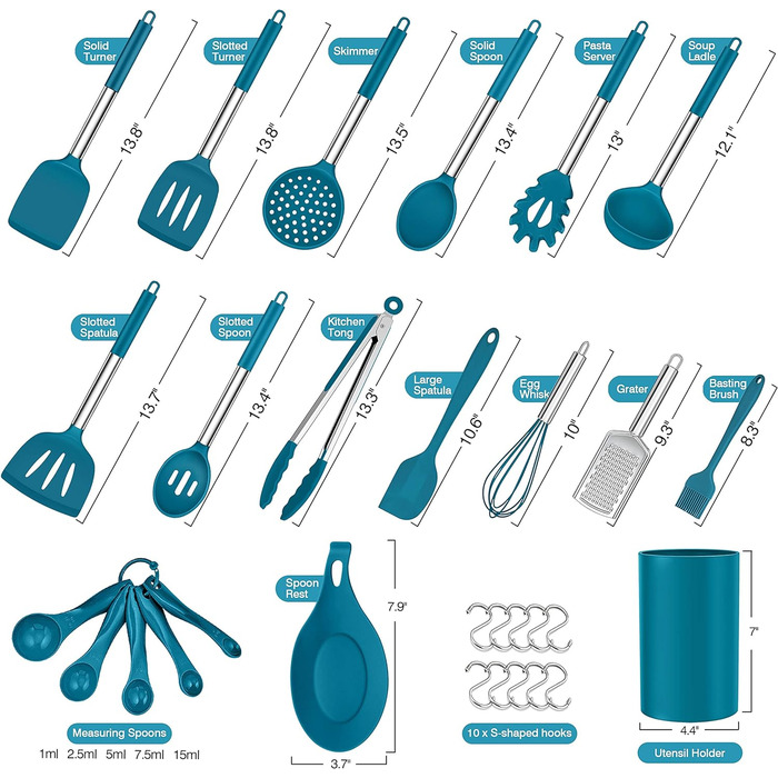 Набор кухонной утвари Herogo из 30 предметов с держателем, набор силиконовой кухонной утвари с ручкой из нержавеющей стали, жаропрочная кухонная утварь, можно мыть в посудомоечной машине, (синий)
