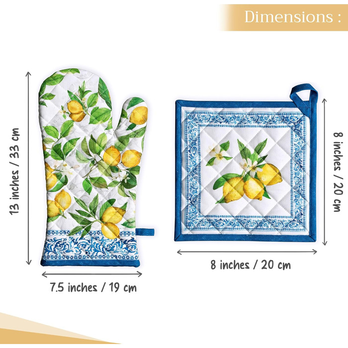 Рукавички для духовки Maison d&39 Hermine, Прихватки для каструль, 100 бавовна, термостійкі кухонні рукавички, рукавички для духовки (19 x 33 см) та прихватки для каструль (20 x 20 см) для приготування їжі, Morzine - Рукавички для духовки (19 x 33 см) та 