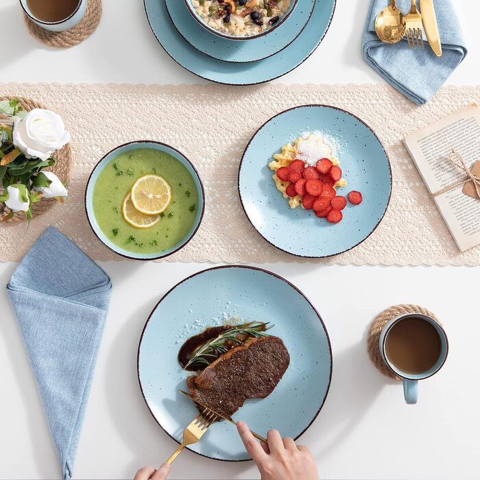 Столовий сервіз з керамограніту, набір посуду vancasso MODA, вінтажний зовнішній вигляд, комбінований сервіз із 40 предметів з 8 обідніми тарілками, тарілками для тортів, суповими тарілками, мисками та чашками кожна (синій, комбінований сервіз 20 шт. )