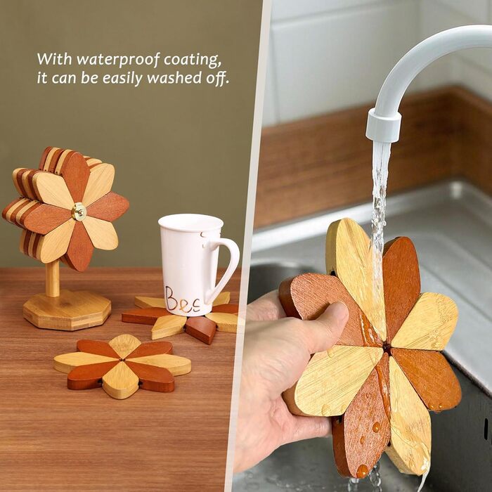 Набір з 4 дерев'яних підставок під гаряче з тримачем у формі вітряка, 5 предметів Qnynnty