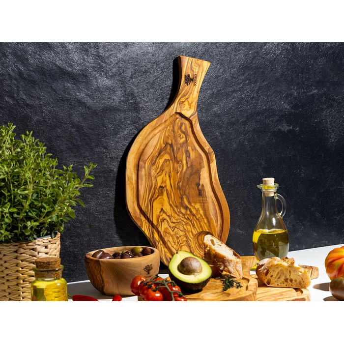 Дошка для стейків з оливкового дерева, дошка з оливкового дерева Обробна дошка, дерев'яна дошка, дошка для сервірування, дошка для сніданку, сирна дошка сільська довжиною приблизно від 40 до 43 см, товщиною приблизно 2 см (43-45 см, сільська з жолобком дл