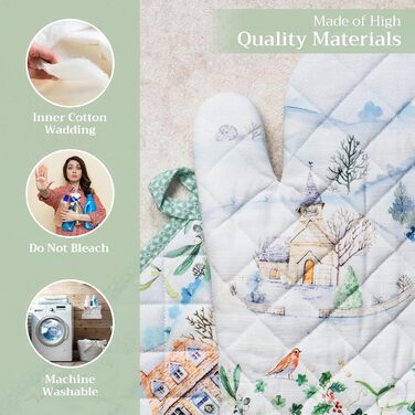 Рукавички для духовки, прихватки для каструль Maison d&39 Hermine, 100 бавовна, термостійкі кухонні рукавички, рукавички для духовки (19 x 33 см) та прихватки для каструль (20 x 20 см) для приготування їжі, Морзін - Рукавички для духовки (19 x 33 см) та п