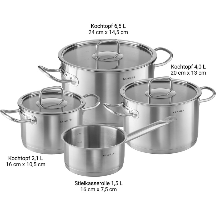 Набір каструль з нержавіючої сталі зі скляними кришками, 4 предмети Klamer