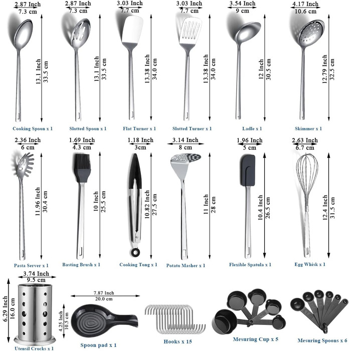 Набір кухонного начиння ReaNea з нержавіючої сталі 40 предметів, набір кухонного начиння з тримачем для столових приборів, набір посуду, кухонний помічник, набір металевих лопаток