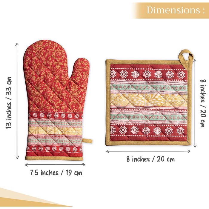 Рукавички для духовки, прихватки для каструль Maison d&39 Hermine, 100 бавовна, термостійкі кухонні рукавички, рукавички для духовки (19 x 33 см) та прихватки для каструль (20 x 20 см) для приготування їжі, Morzine - Рукавички для духовки (19 x 33 см) та 