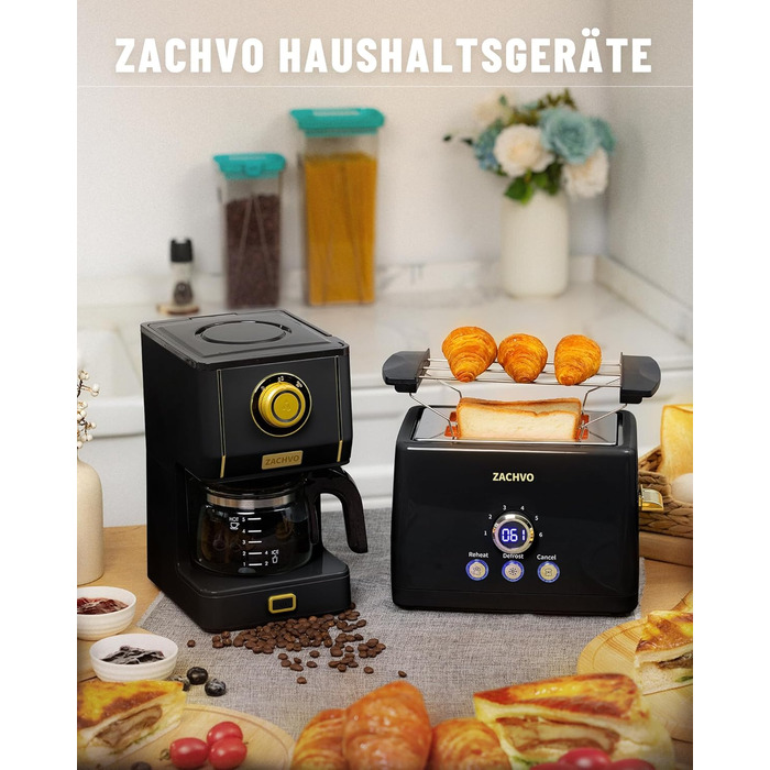 Тостер на 2 скибочки, тостер ZACHVO з підігрівом булочок, 6 рівнів підрум&39янювання, 850 Вт, знімний піддон для крихт, світлодіодний екран, високий підйом, розігрів, розморожування, функція скасування