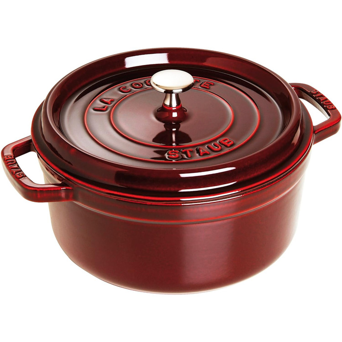 Чавунна жаровня/кокотниця STAUB, кругла 8,35 л, функція Ароматичний дощ для оптимального зволоження, для всіх типів варильних поверхонь, включаючи індукційні та духові шафи, (Гренадін, 24 см)