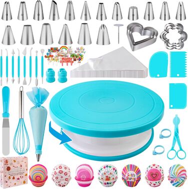 Набір аксесуарів для торта Nifogo, 356 предметів, аксесуари для випічки, аксесуари для декорування тортів з обертовою підставкою, кондитерські мішки, кондитерські насадки, шпателі для початківців (285 шт., сині)